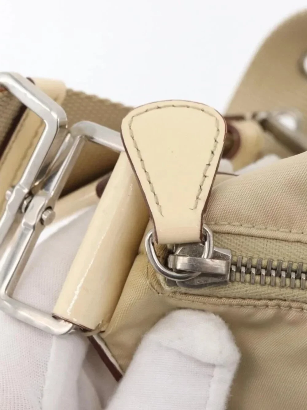 PRADA Shoulder Bag Nylon Beige Silver Auth ka4019